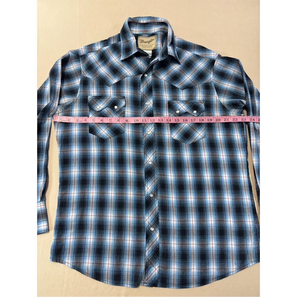 Wrangler Blue and Black Plaid Western Pearl Snap Shirt Men’s Size Large - Picture 4 of 8